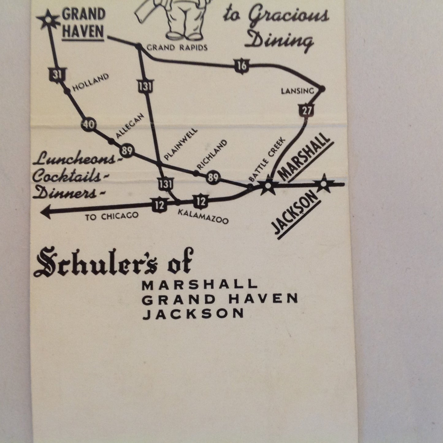 Vintage Matchbook Cover Schuler's Real Eatin' Marshall Grand Haven Jackson Michigan