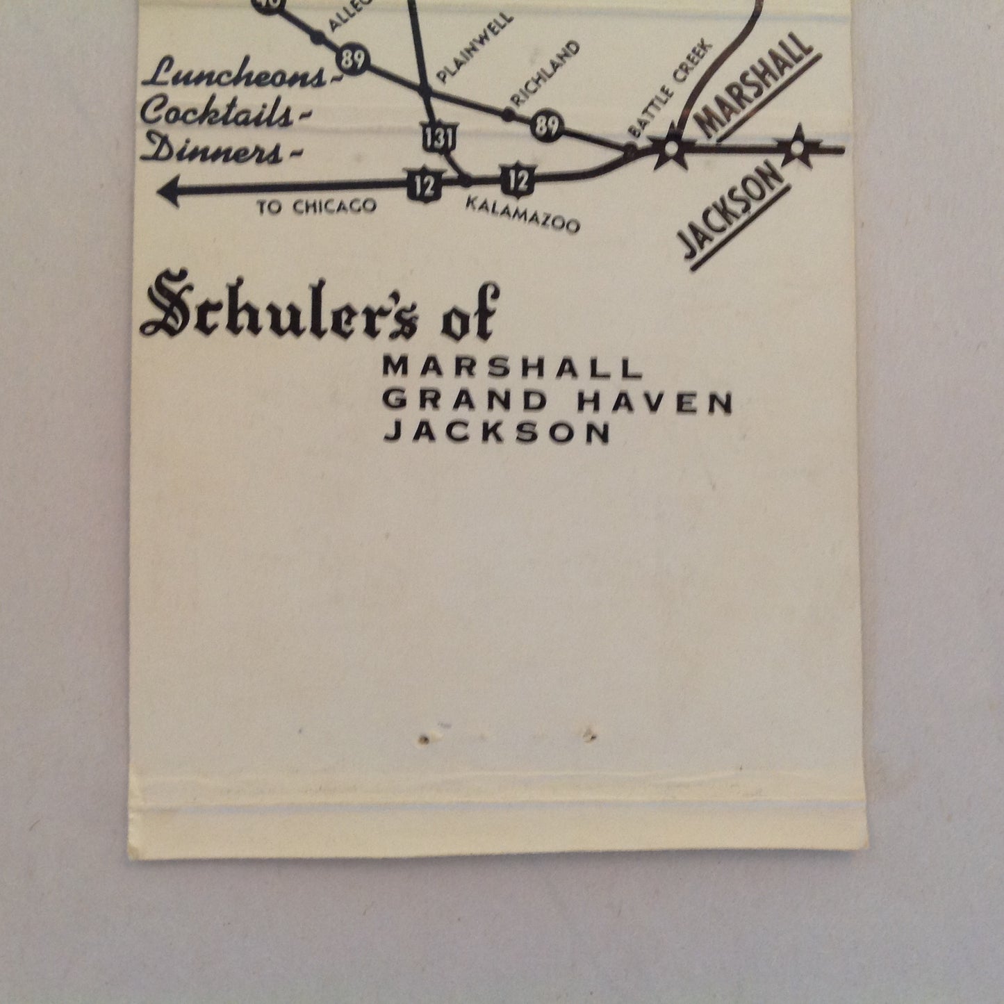 Vintage Matchbook Cover Schuler's Real Eatin' Marshall Grand Haven Jackson Michigan