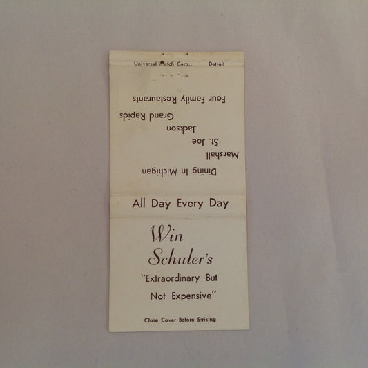 Vintage Matchbook Cover Win Schuler's Dining In Michigan Marshall St. Joe Jackson MI