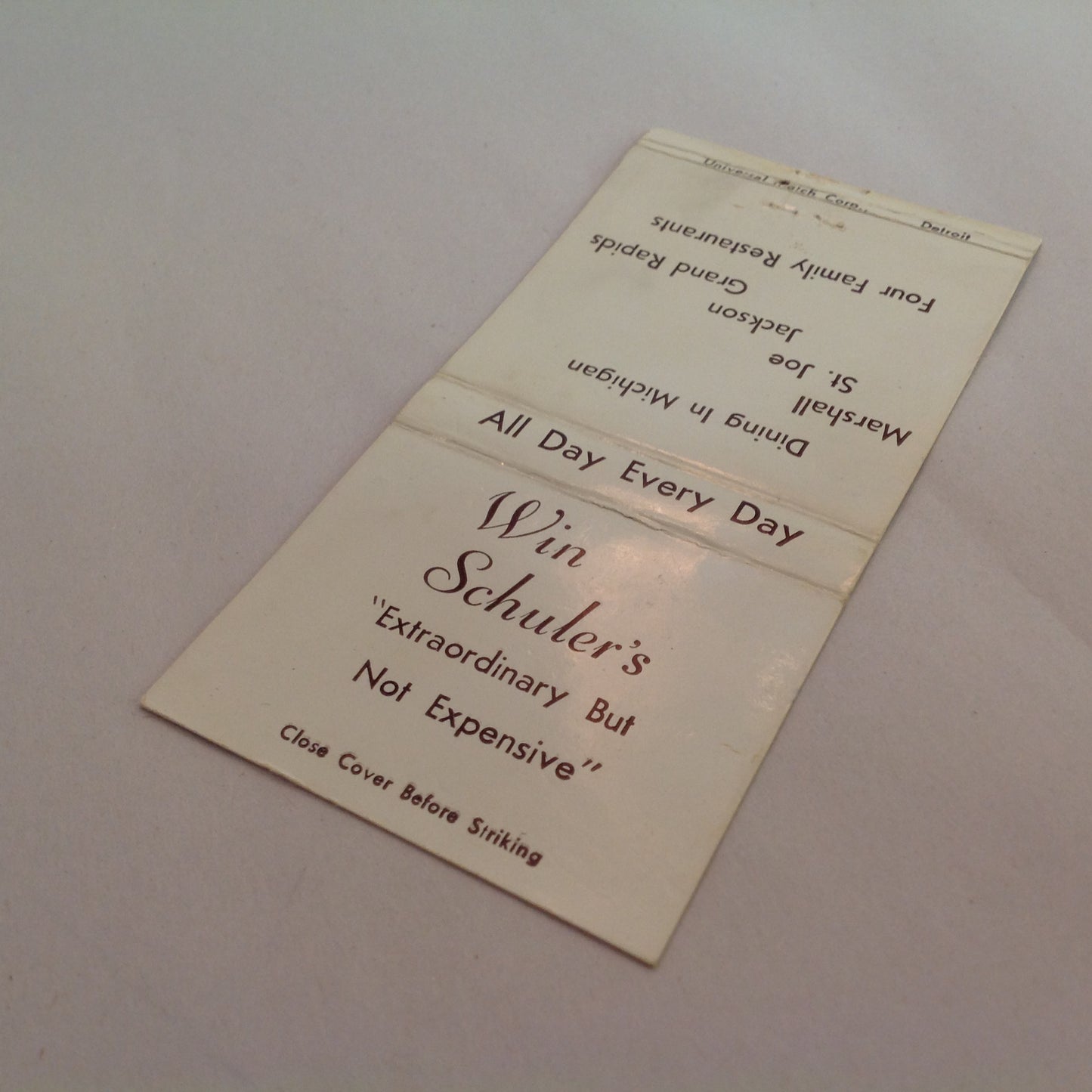 Vintage Matchbook Cover Win Schuler's Dining In Michigan Marshall St. Joe Jackson MI