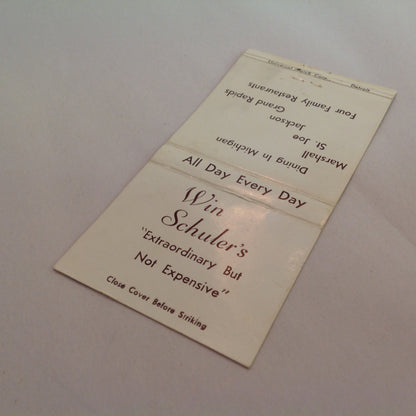 Vintage Matchbook Cover Win Schuler's Dining In Michigan Marshall St. Joe Jackson MI