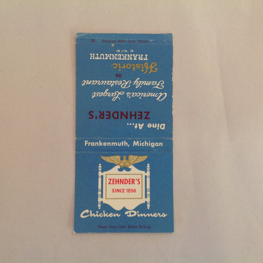 Vintage Matchbook Cover Zehnder's Family Restaurant Chicken Dinners Frankenmuth MI