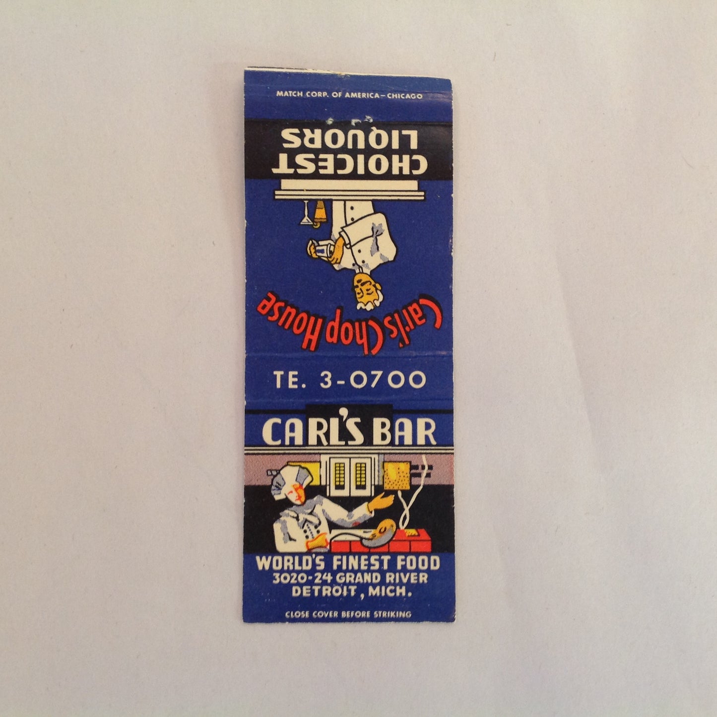 Vintage Matchbook Cover Carl's Bar Chop House Choicest Liquors Detroit Michigan MI