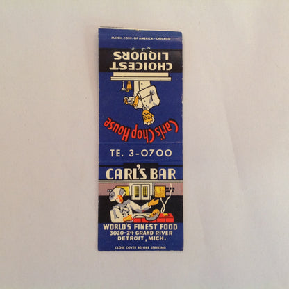 Vintage Matchbook Cover Carl's Bar Chop House Choicest Liquors Detroit Michigan MI