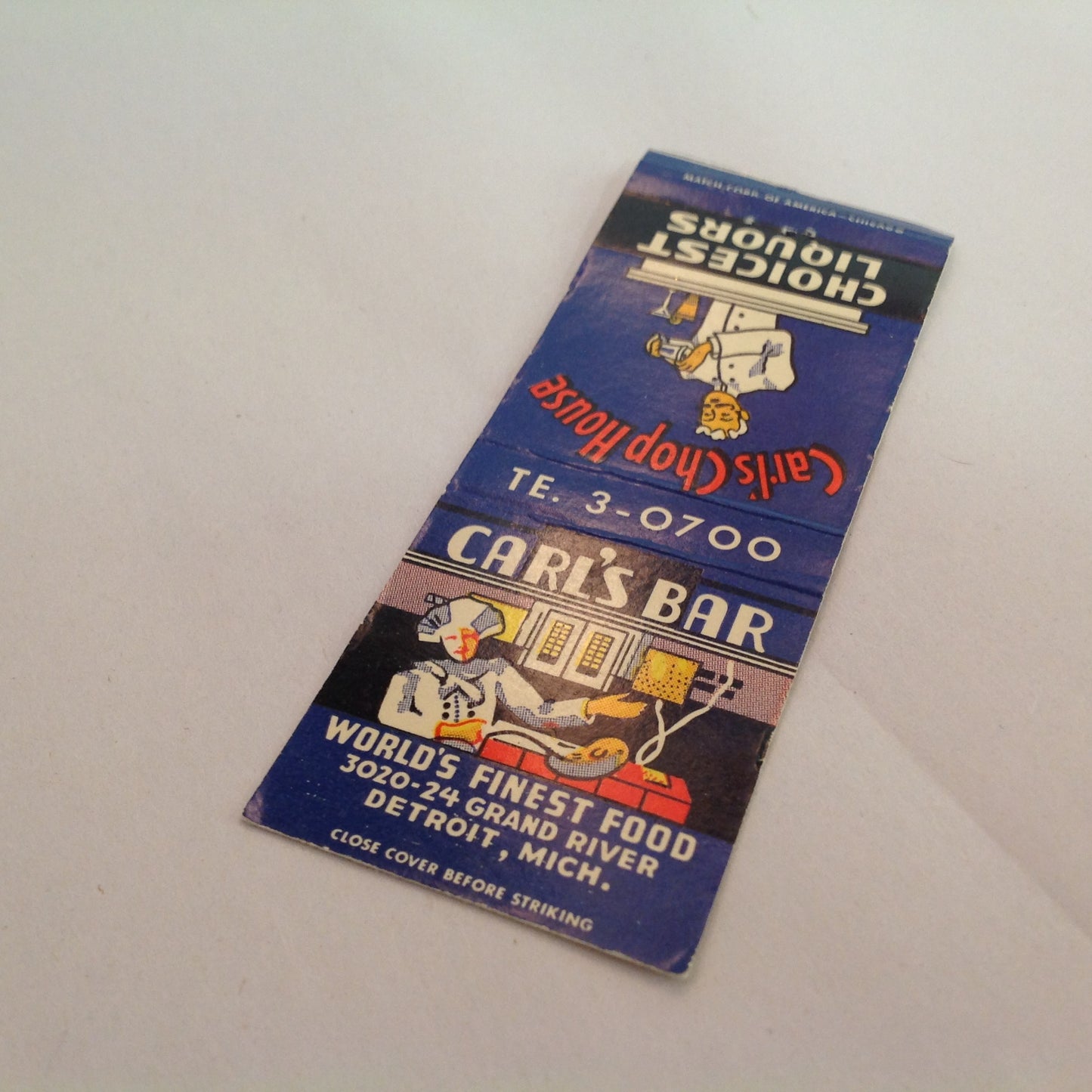 Vintage Matchbook Cover Carl's Bar Chop House Choicest Liquors Detroit Michigan MI