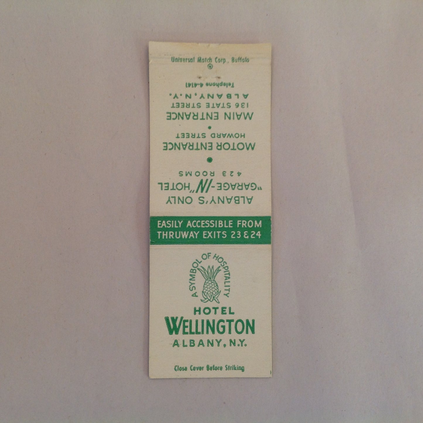 Vintage Matchbook Cover Hotel Wellington Albany New York Garage-IN Hospitality