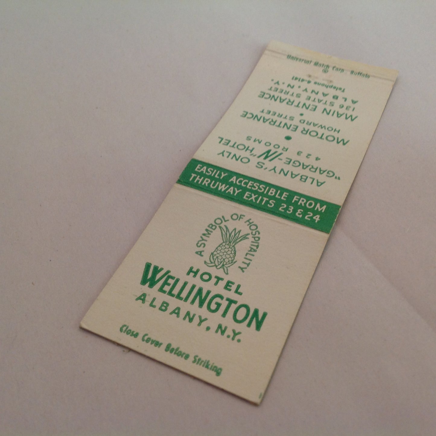 Vintage Matchbook Cover Hotel Wellington Albany New York Garage-IN Hospitality