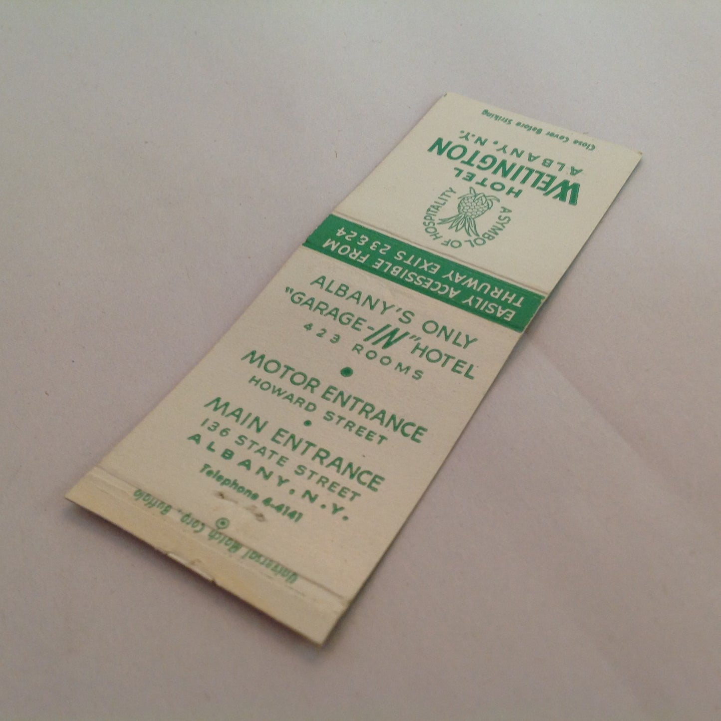 Vintage Matchbook Cover Hotel Wellington Albany New York Garage-IN Hospitality
