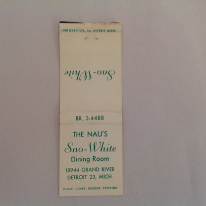 Vintage Matchbook Cover The Nau's Sno-White Dining Room Grand River Detroit Michigan