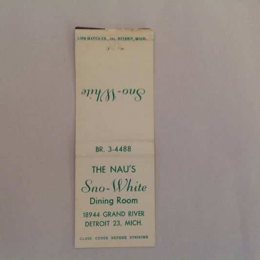 Vintage Matchbook Cover The Nau's Sno-White Dining Room Grand River Detroit Michigan