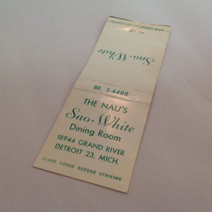 Vintage Matchbook Cover The Nau's Sno-White Dining Room Grand River Detroit Michigan