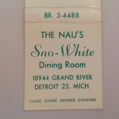 Vintage Matchbook Cover The Nau's Sno-White Dining Room Grand River Detroit Michigan