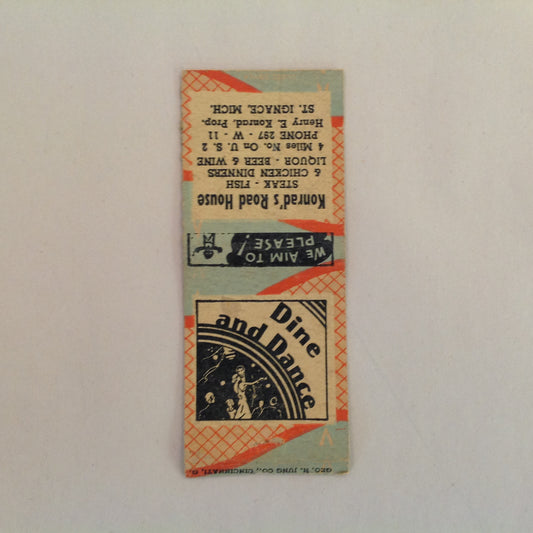Vintage Matchbook Cover Konrad's Road House Dine and Dance St Ignace Michigan