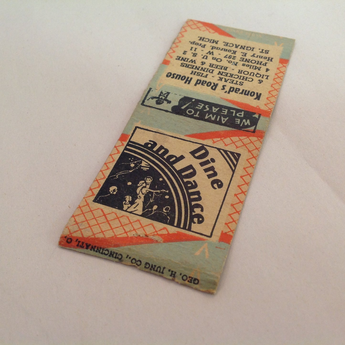 Vintage Matchbook Cover Konrad's Road House Dine and Dance St Ignace Michigan