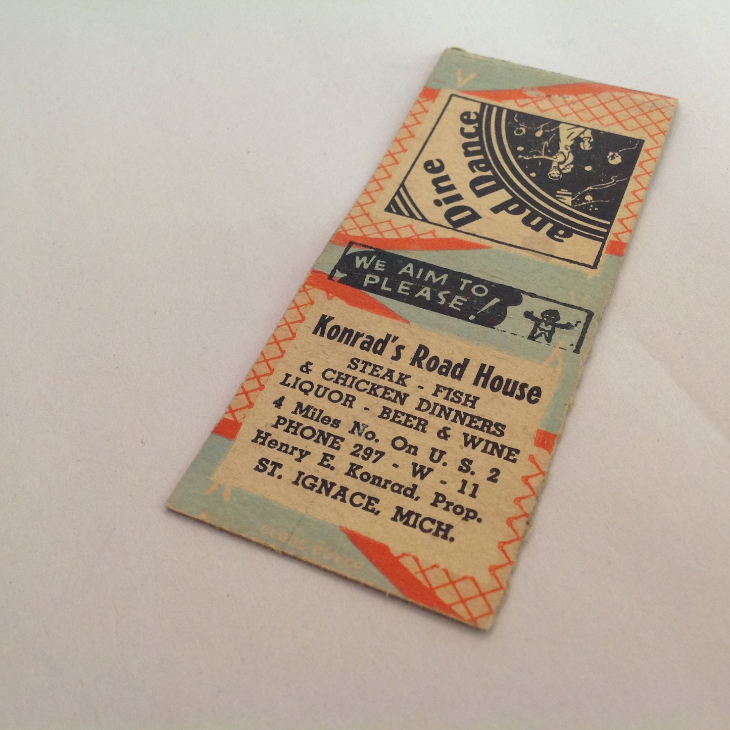 Vintage Matchbook Cover Konrad's Road House Dine and Dance St Ignace Michigan