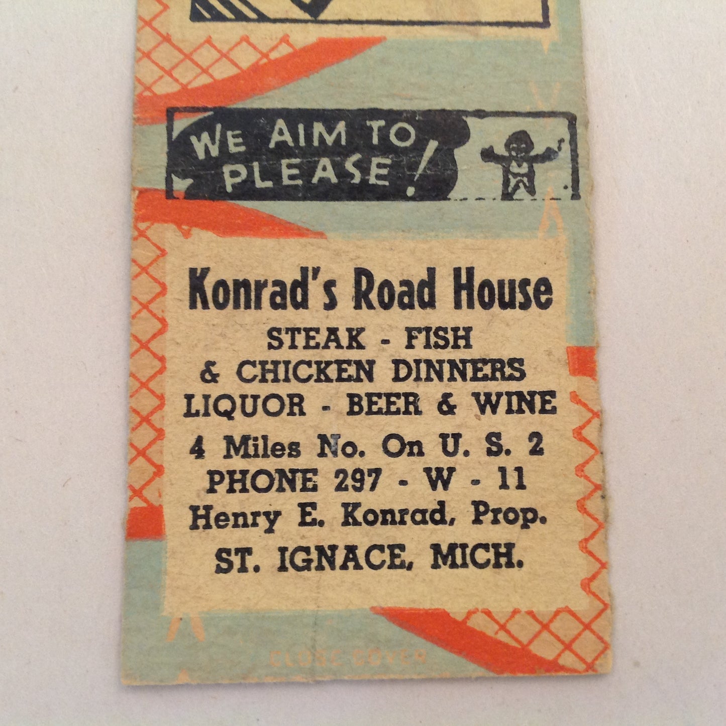 Vintage Matchbook Cover Konrad's Road House Dine and Dance St Ignace Michigan