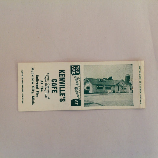 Vintage Matchbook Cover Mackinaw City Michigan Kenville's Cafe Railroad Pier Welcome