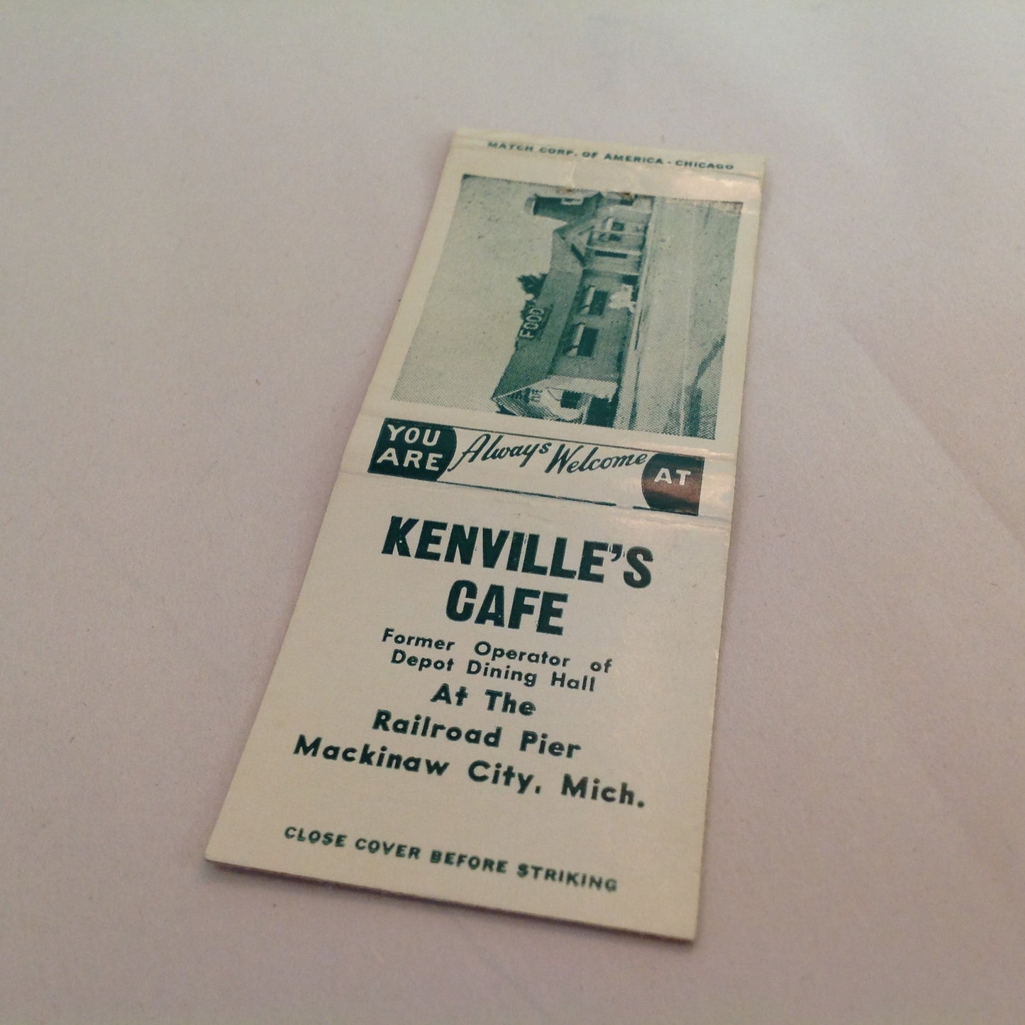 Vintage Matchbook Cover Mackinaw City Michigan Kenville's Cafe Railroad Pier Welcome