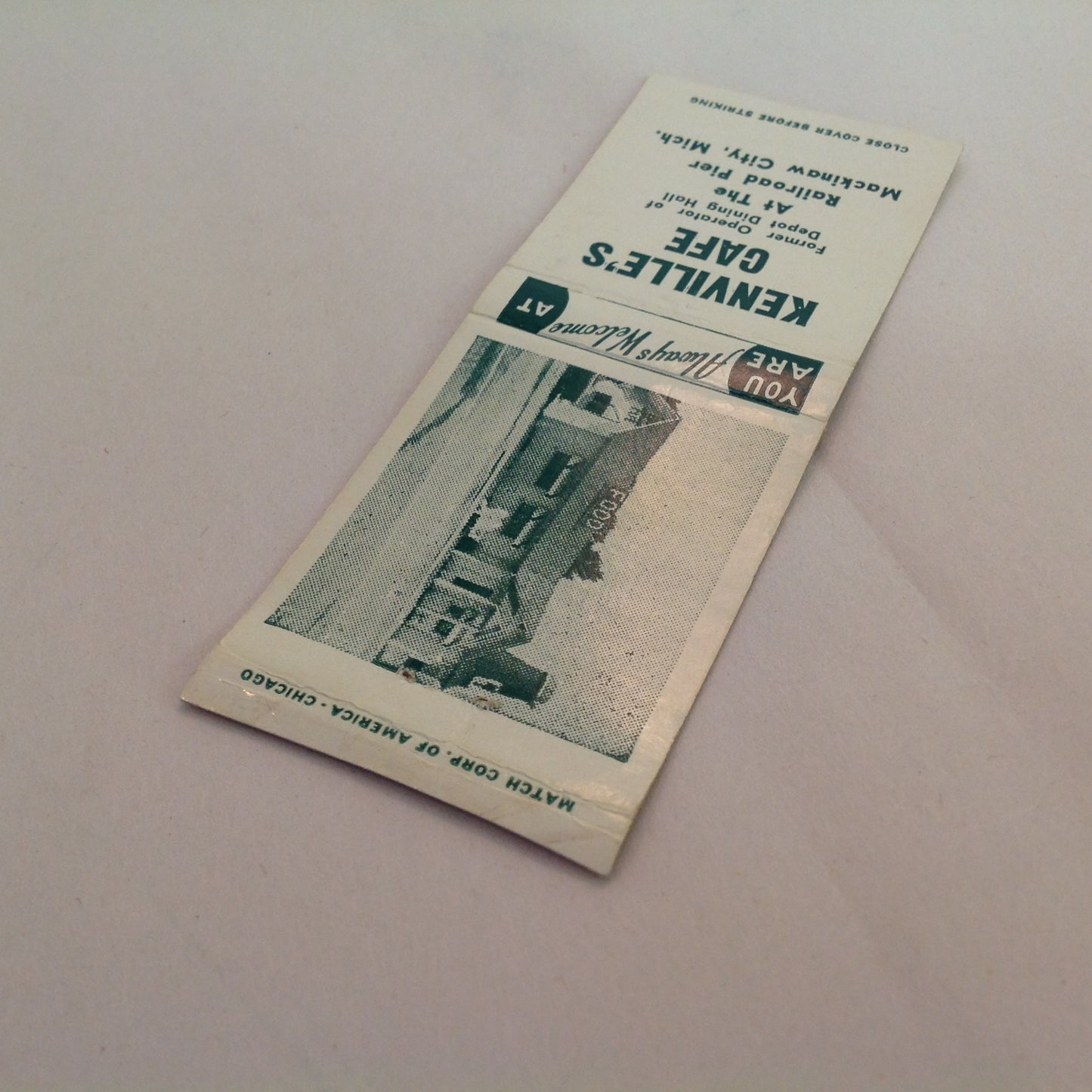 Vintage Matchbook Cover Mackinaw City Michigan Kenville's Cafe Railroad Pier Welcome