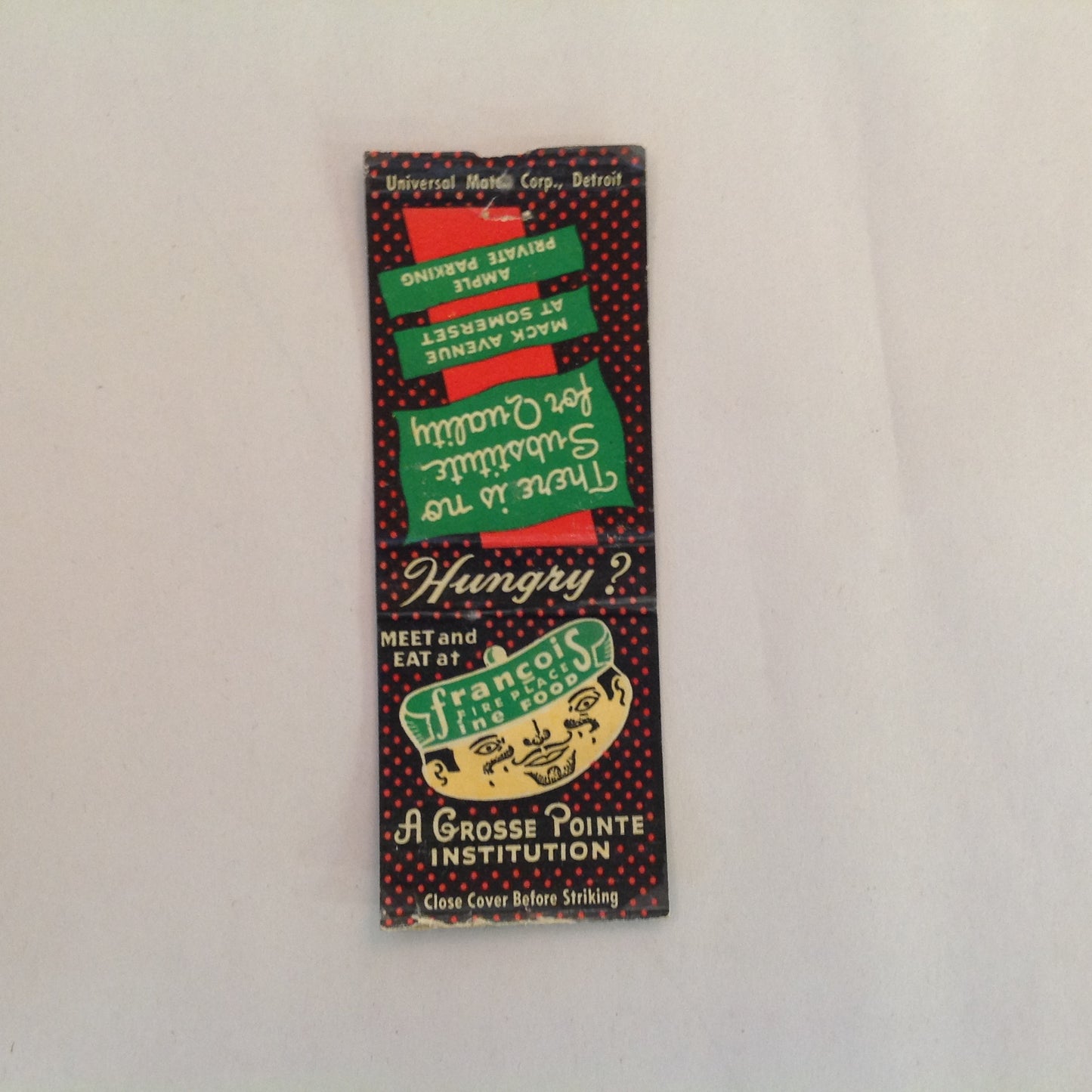 Vintage Matchbook Cover Francois Fireplace Grosse Pointe Institution Mack Avenue MI