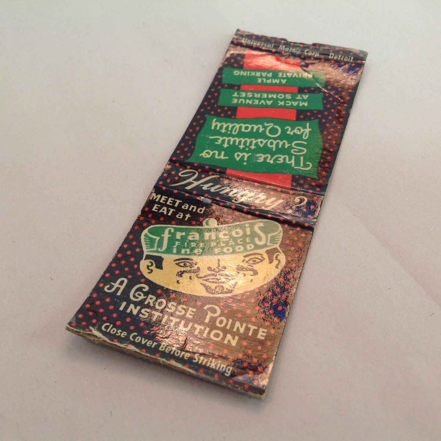 Vintage Matchbook Cover Francois Fireplace Grosse Pointe Institution Mack Avenue MI