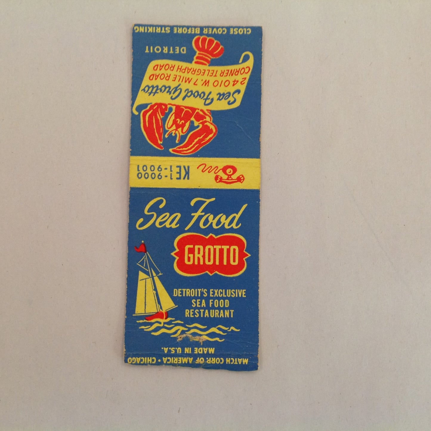 Vintage Matchbook Cover Sea Food Grotto Detroit's Exclusive Restaurant Telegraph Rd.