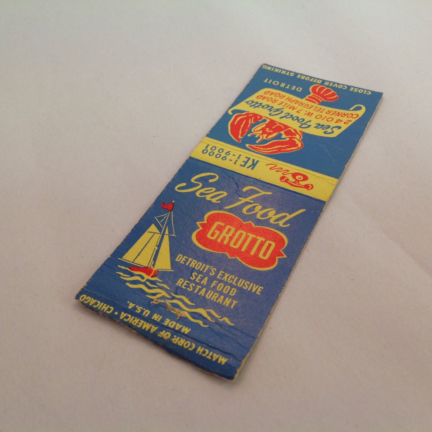 Vintage Matchbook Cover Sea Food Grotto Detroit's Exclusive Restaurant Telegraph Rd.