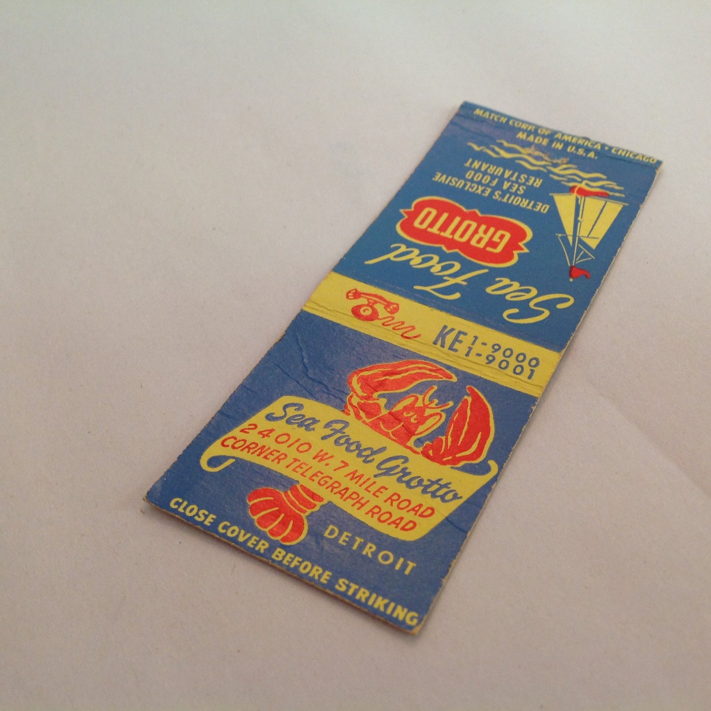 Vintage Matchbook Cover Sea Food Grotto Detroit's Exclusive Restaurant Telegraph Rd.