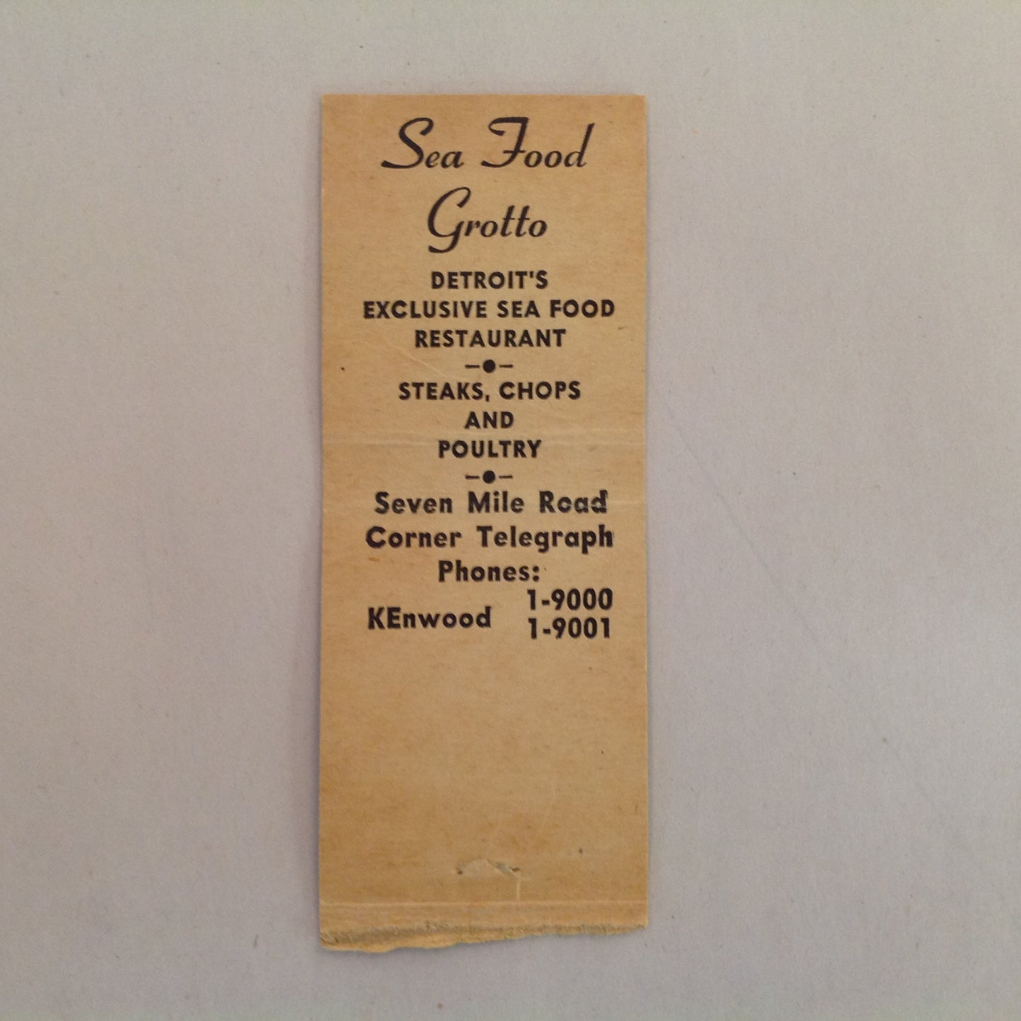 Vintage Matchbook Cover Sea Food Grotto Detroit's Exclusive Restaurant Telegraph Rd.