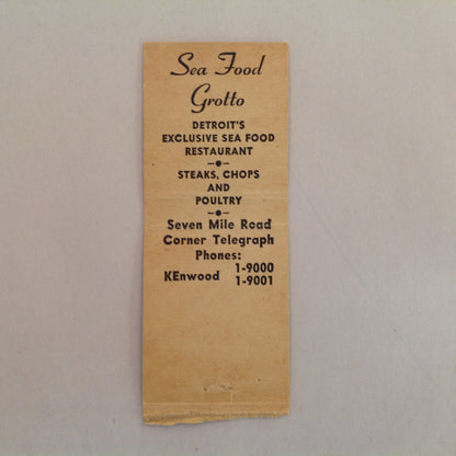 Vintage Matchbook Cover Sea Food Grotto Detroit's Exclusive Restaurant Telegraph Rd.