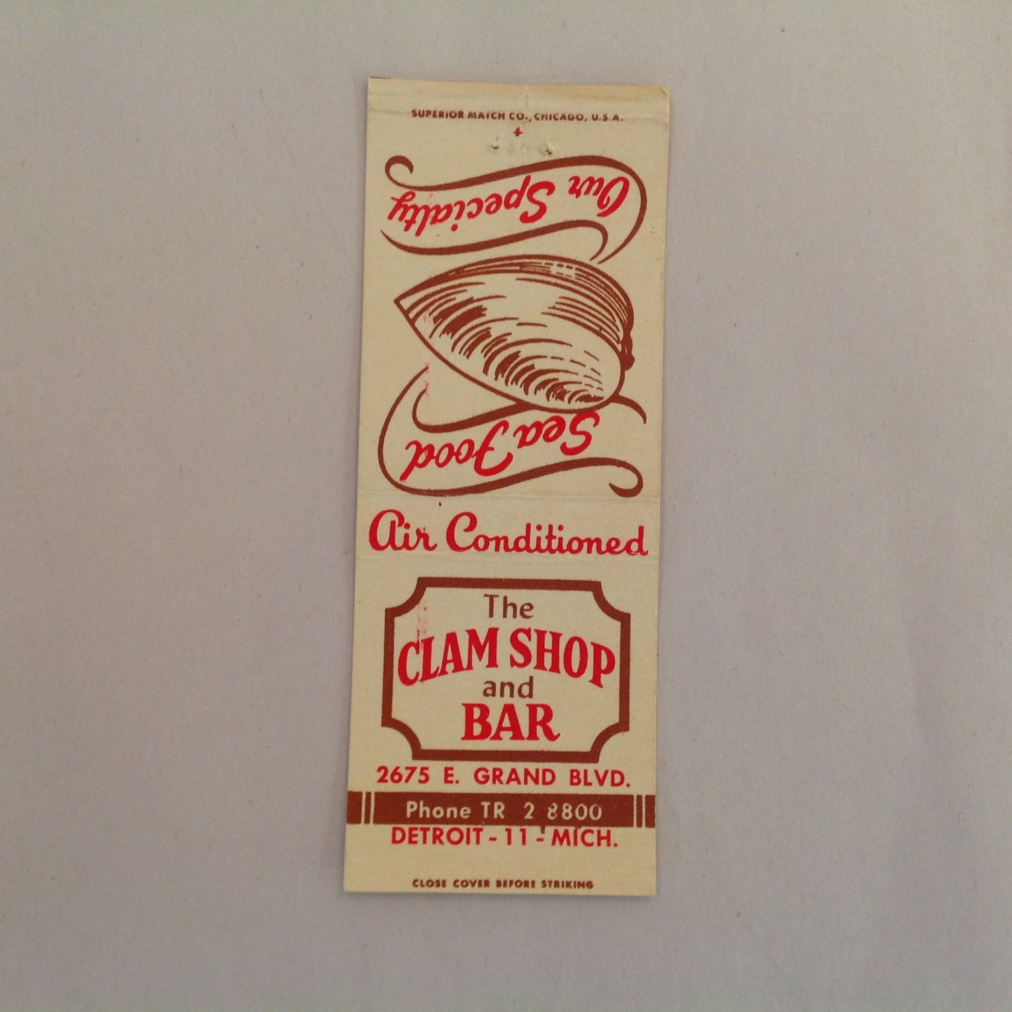 Vintage Matchbook Cover The Clam Shop and Bar Grand Blvd Detroit Michigan Sea Food
