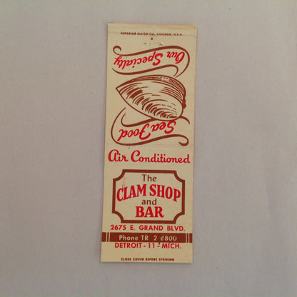 Vintage Matchbook Cover The Clam Shop and Bar Grand Blvd Detroit Michigan Sea Food