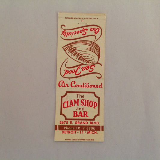 Vintage Matchbook Cover The Clam Shop and Bar Grand Blvd Detroit Michigan Sea Food