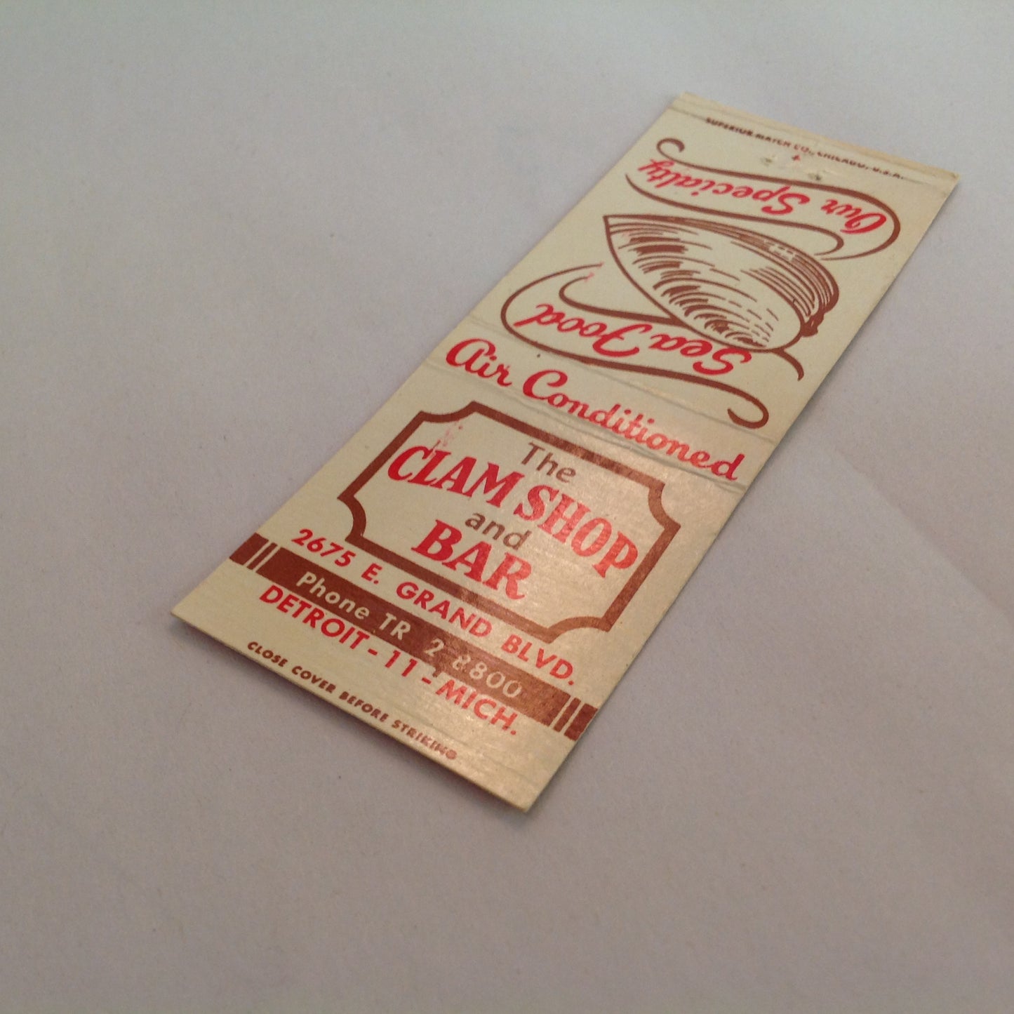 Vintage Matchbook Cover The Clam Shop and Bar Grand Blvd Detroit Michigan Sea Food