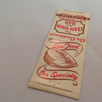 Vintage Matchbook Cover The Clam Shop and Bar Grand Blvd Detroit Michigan Sea Food