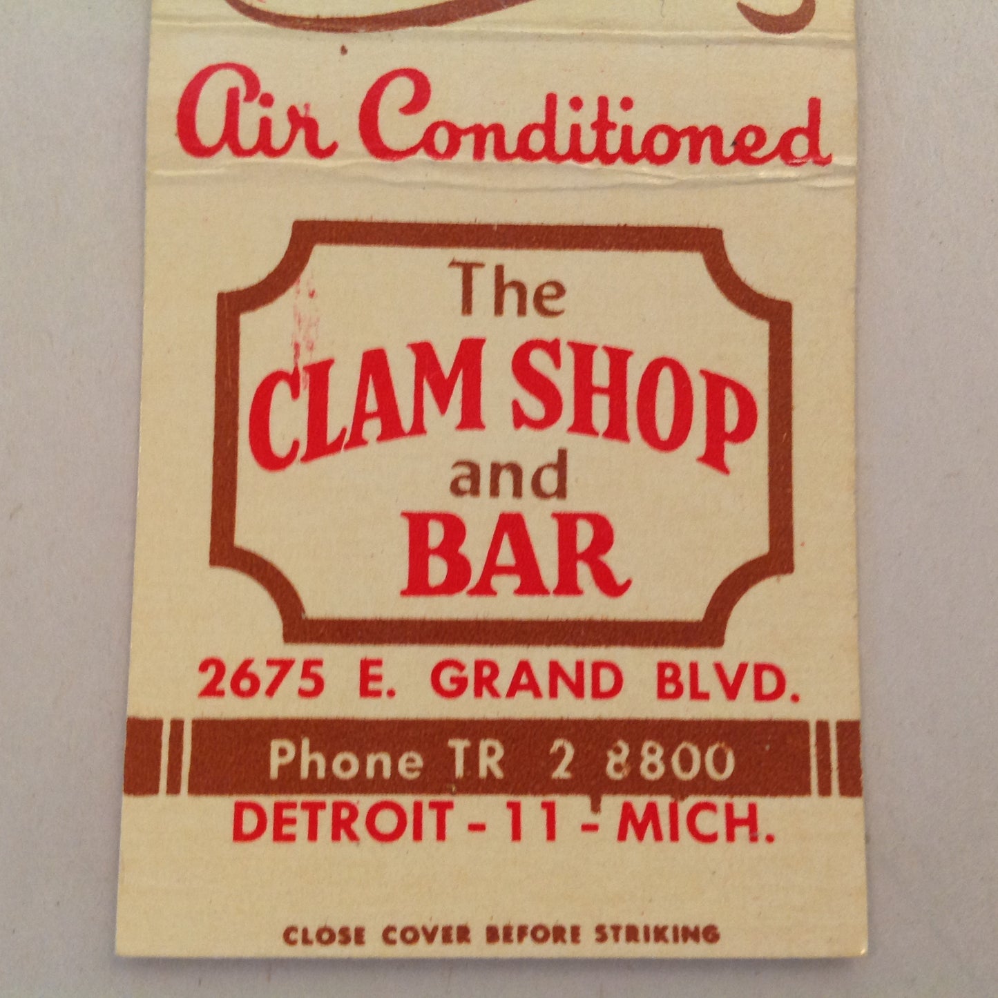 Vintage Matchbook Cover The Clam Shop and Bar Grand Blvd Detroit Michigan Sea Food