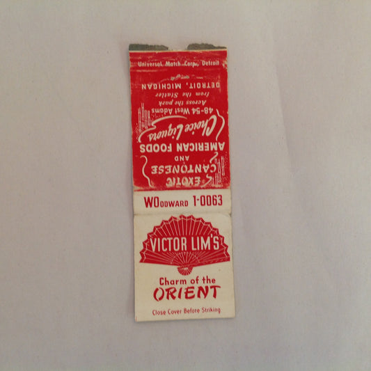 Vintage Matchbook Cover Victor Lim's Charm of the Orient Exotic Cantonese Detroit MI