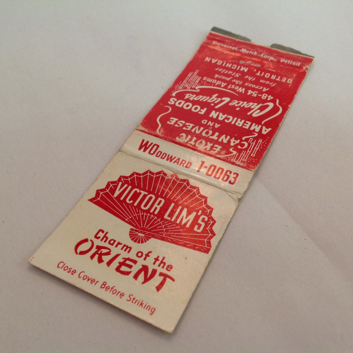 Vintage Matchbook Cover Victor Lim's Charm of the Orient Exotic Cantonese Detroit MI