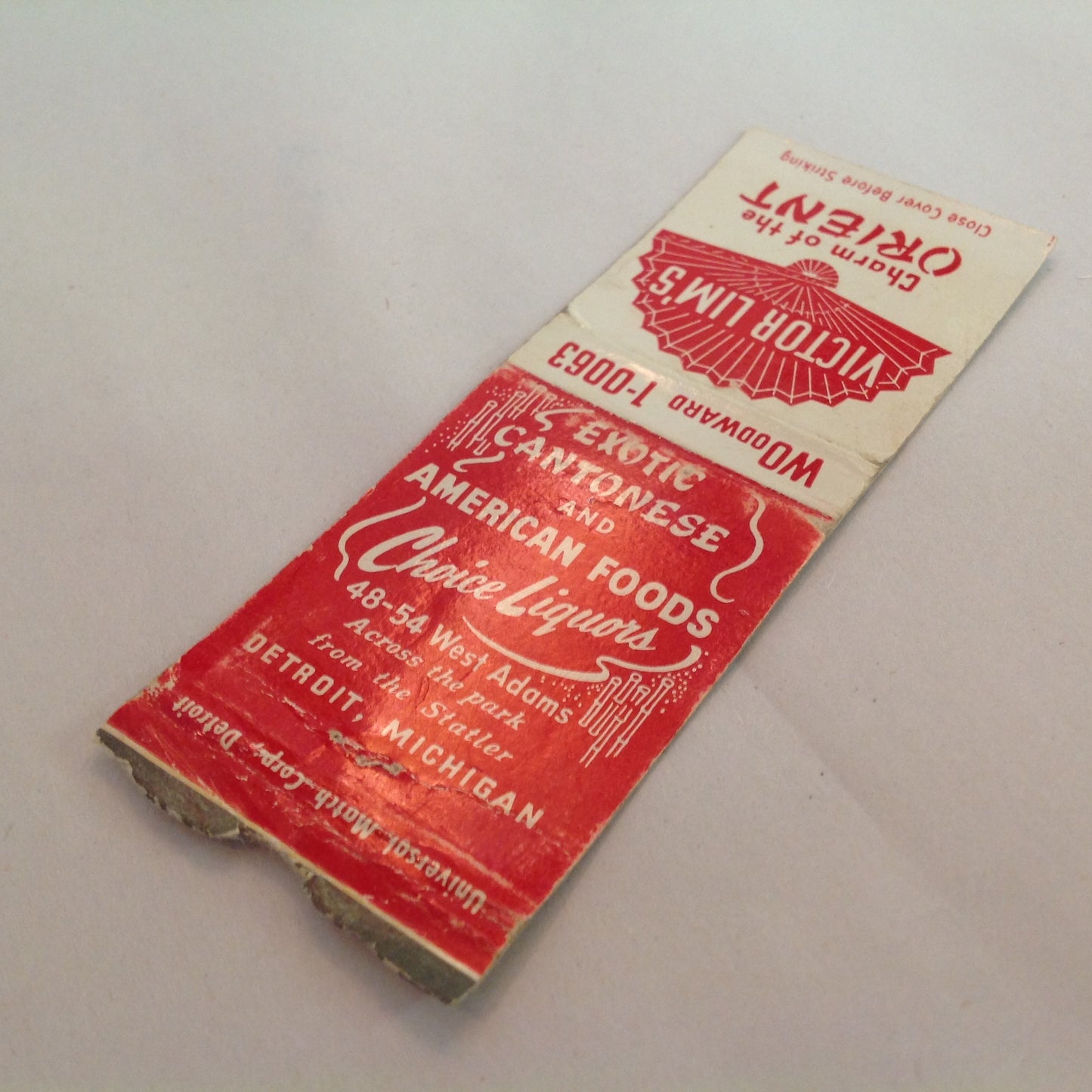 Vintage Matchbook Cover Victor Lim's Charm of the Orient Exotic Cantonese Detroit MI