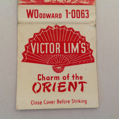Vintage Matchbook Cover Victor Lim's Charm of the Orient Exotic Cantonese Detroit MI