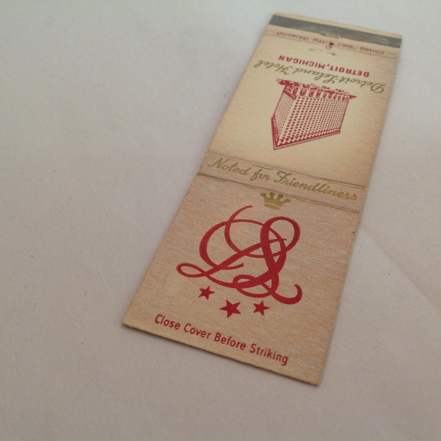 Vintage Matchbook Cover Detroit-Leland Hotel Noted for Friendliness Grenadier Room