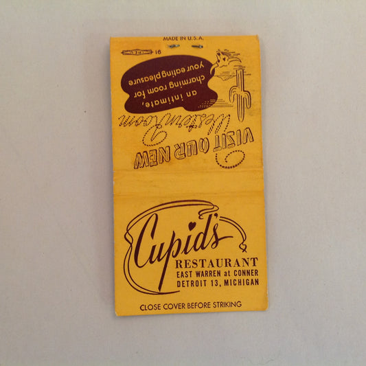 Vintage Matchbook Cover Cupid's Restaurant Detroit 13 Visit Our New Western Room MI