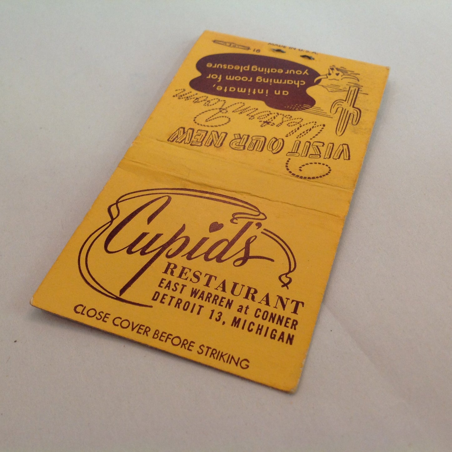 Vintage Matchbook Cover Cupid's Restaurant Detroit 13 Visit Our New Western Room MI