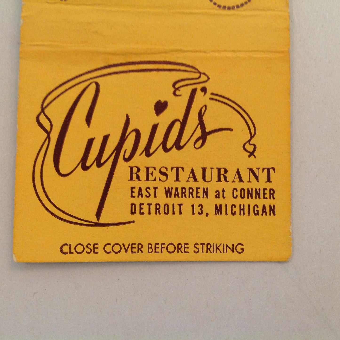 Vintage Matchbook Cover Cupid's Restaurant Detroit 13 Visit Our New Western Room MI