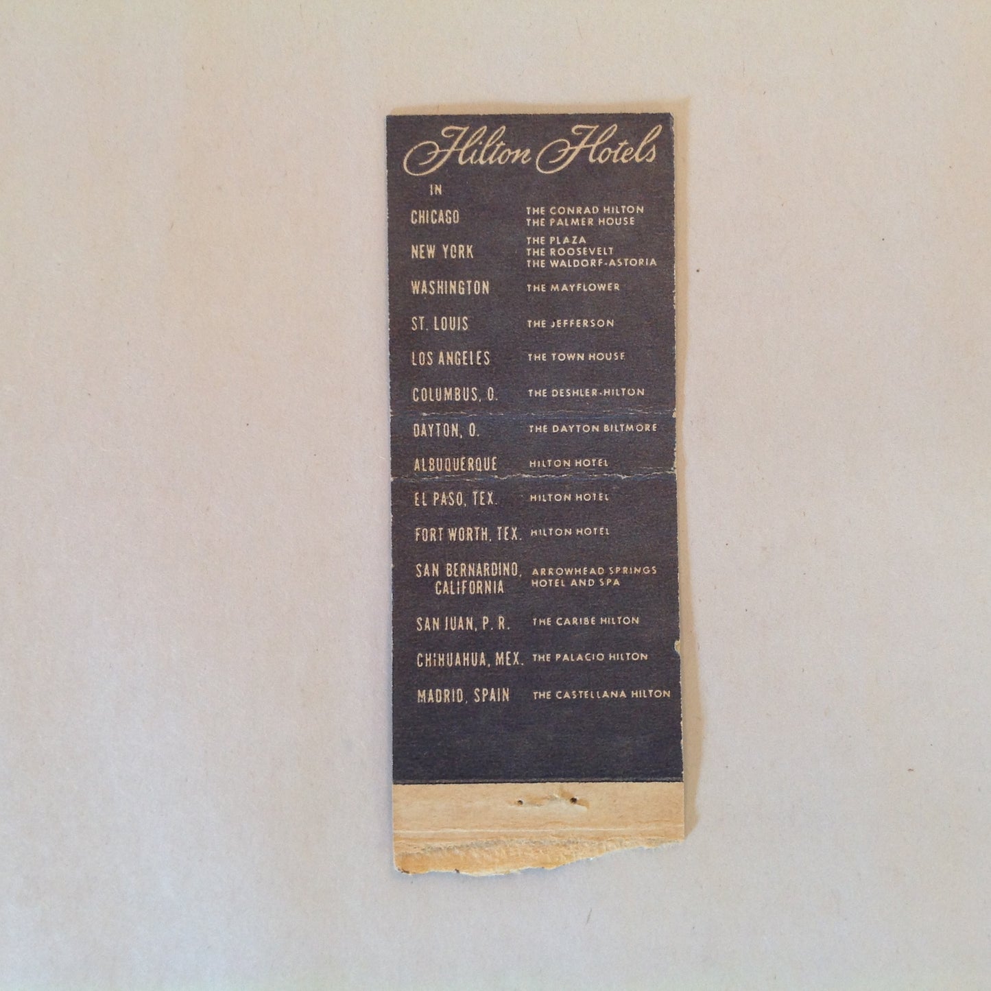 Vintage Matchbook Cover Hilton Hotels Across the Nation Spain Mexico Puerto Rico Locations