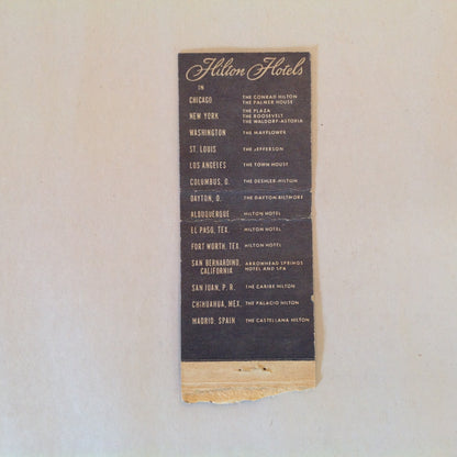 Vintage Matchbook Cover Hilton Hotels Across the Nation Spain Mexico Puerto Rico Locations