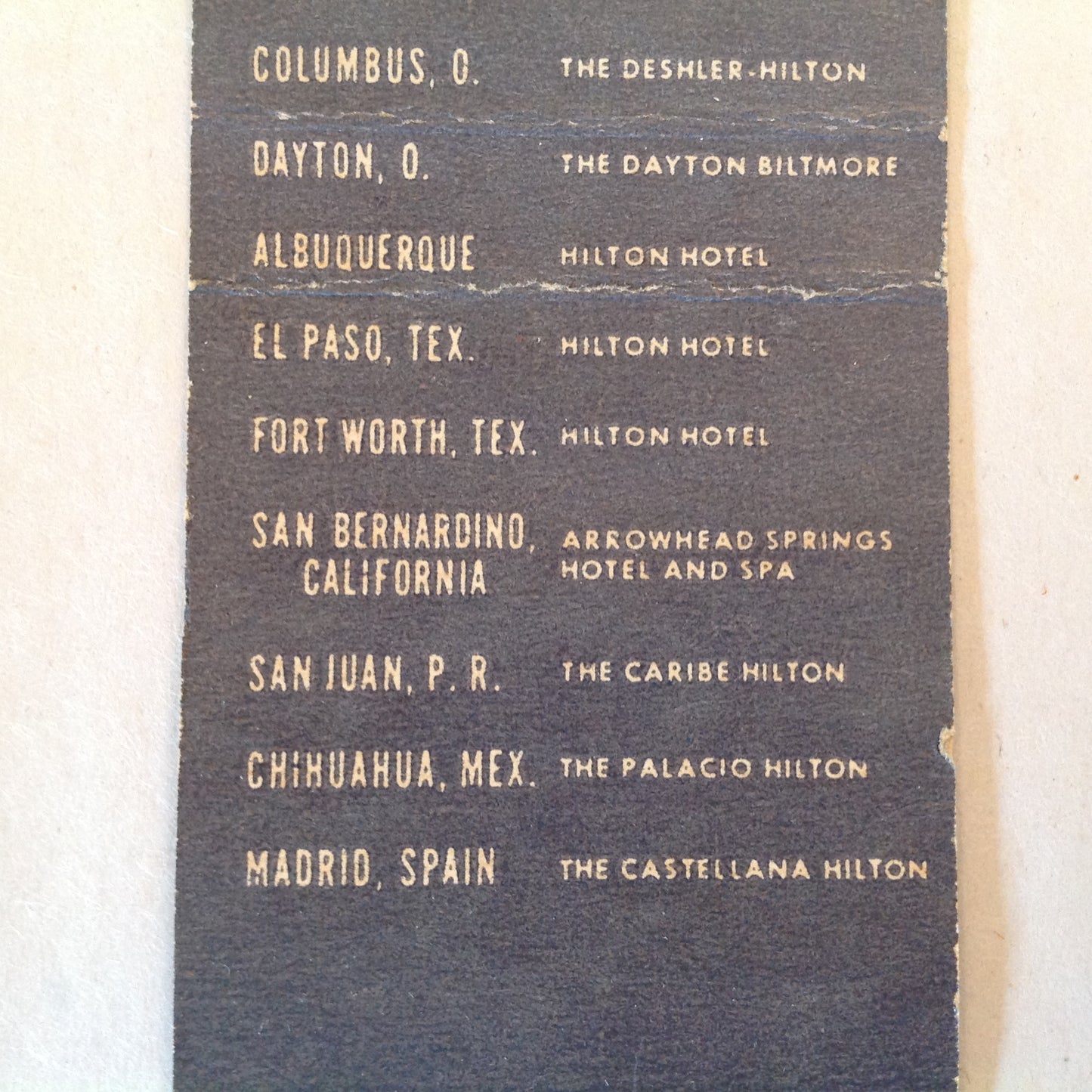 Vintage Matchbook Cover Hilton Hotels Across the Nation Spain Mexico Puerto Rico Locations