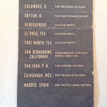 Vintage Matchbook Cover Hilton Hotels Across the Nation Spain Mexico Puerto Rico Locations