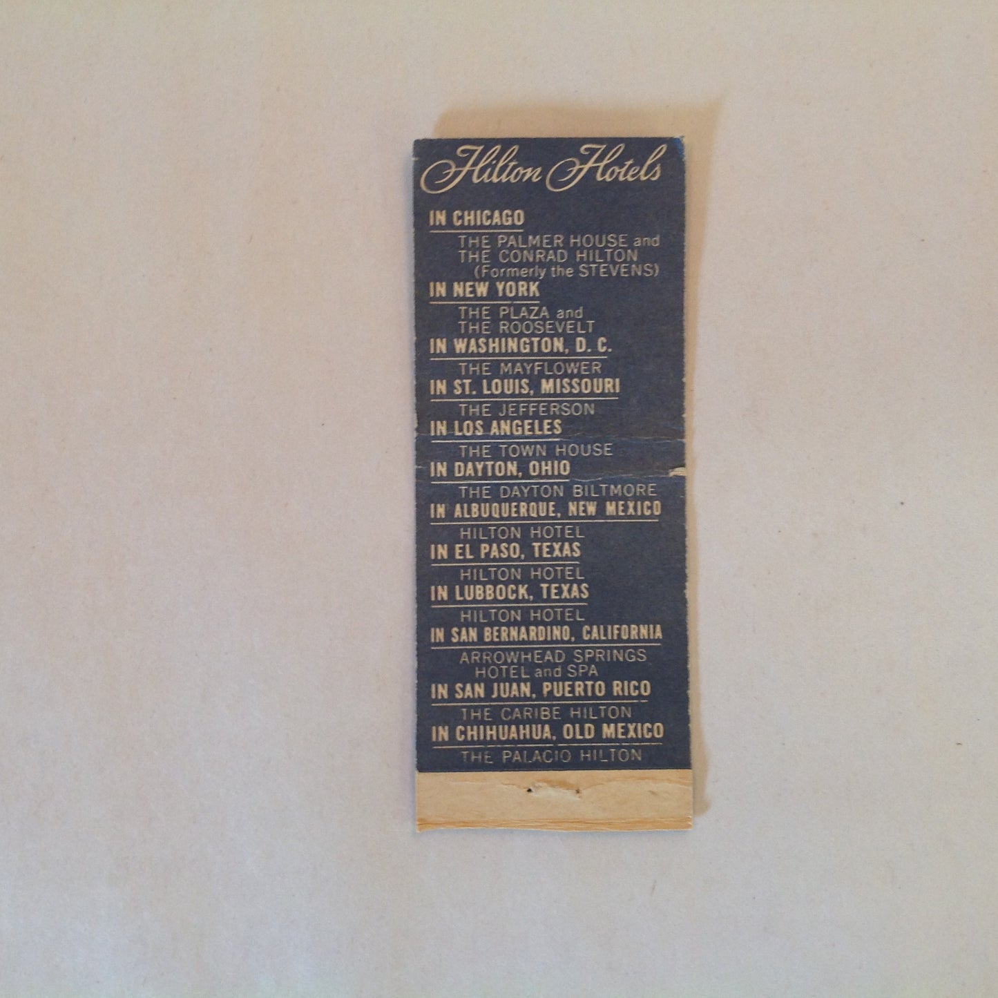 Vintage Matchbook Cover Hilton Hotels Across the Nation Spain Mexico Puerto Rico Locations Advertising