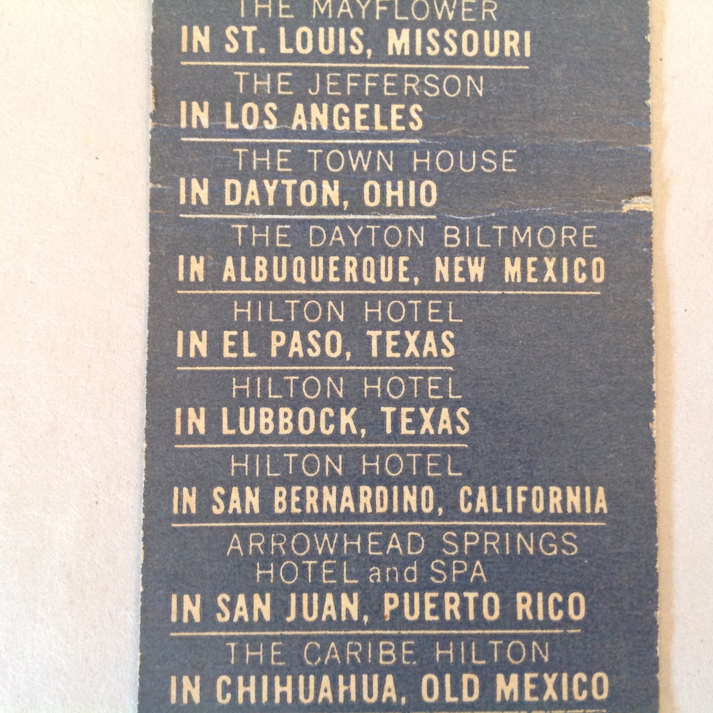 Vintage Matchbook Cover Hilton Hotels Across the Nation Spain Mexico Puerto Rico Locations Advertising